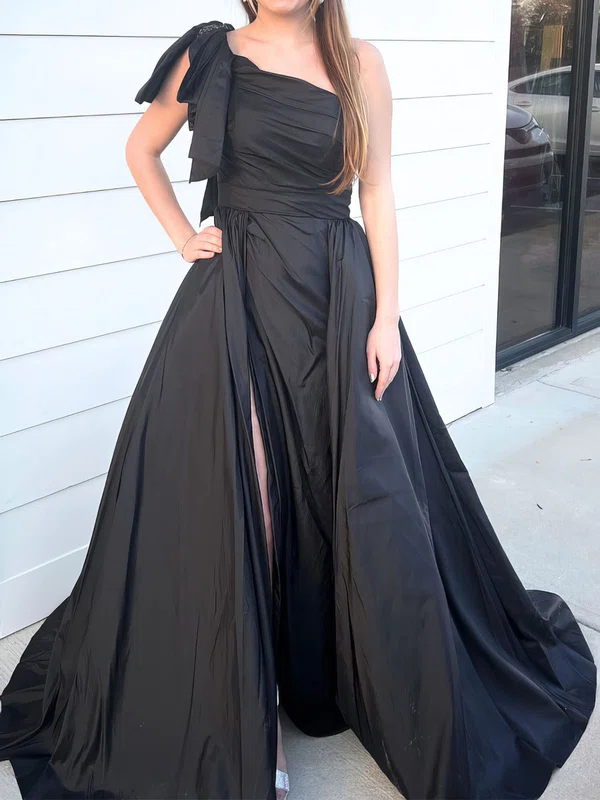 Black Ball Gown One Shoulder Satin Prom Dresses With Ruched #Milly020127447