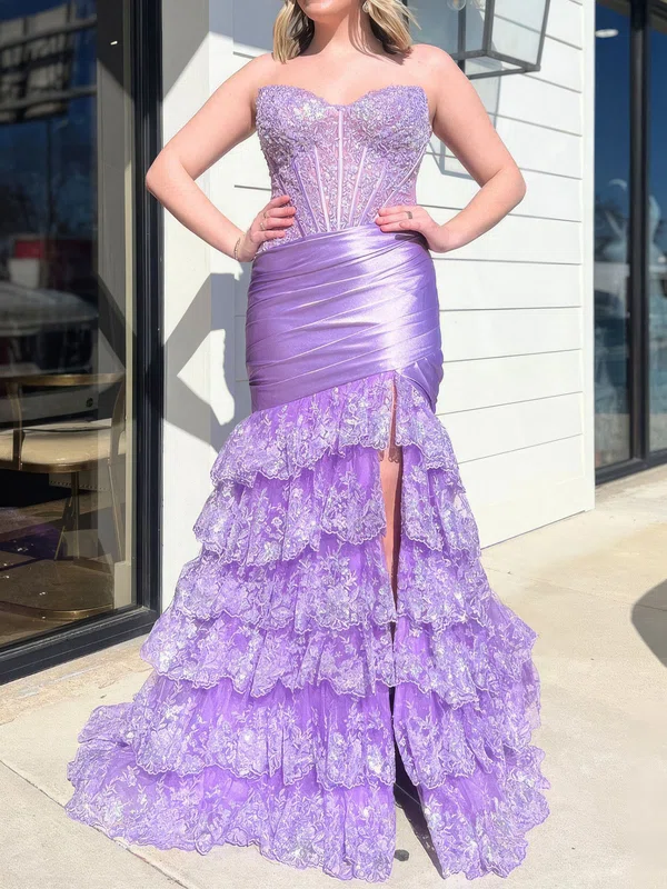 Mermaid V-neck Satin Tulle Tiered Prom Dresses With Appliques #Milly020127451