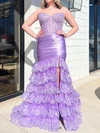 Mermaid V-neck Satin Tulle Tiered Prom Dresses With Appliques #Milly020127451
