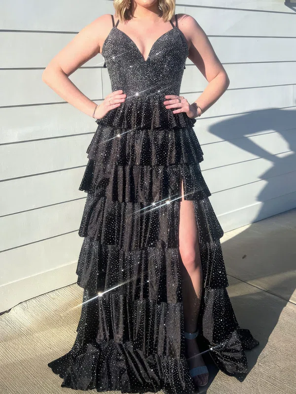 Ball Gown V-neck Jersey Tiered Prom Dresses With Beading #Milly020127459