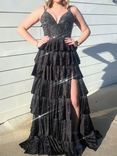 Ball Gown V-neck Jersey Tiered Prom Dresses With Beading #Milly020127459