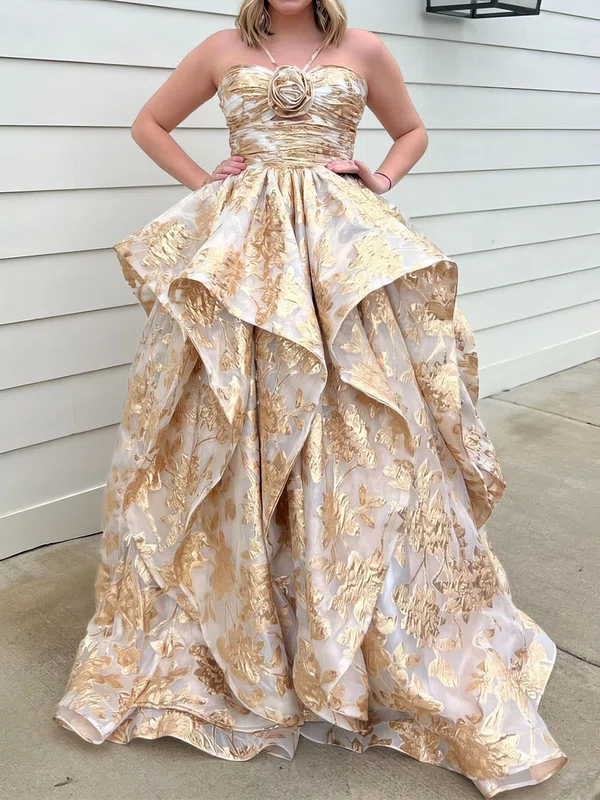 Ball Gown Halter Tulle Floral Ruffle Tiered Prom Dresses #Milly020127461