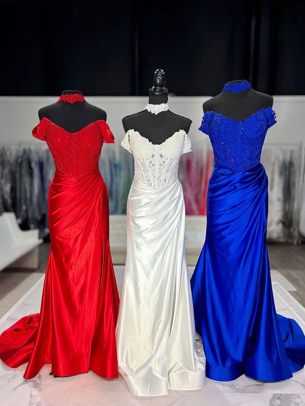 Sheath/Column Off-the-shoulder Satin Prom Dresses With Appliques #Milly020127467