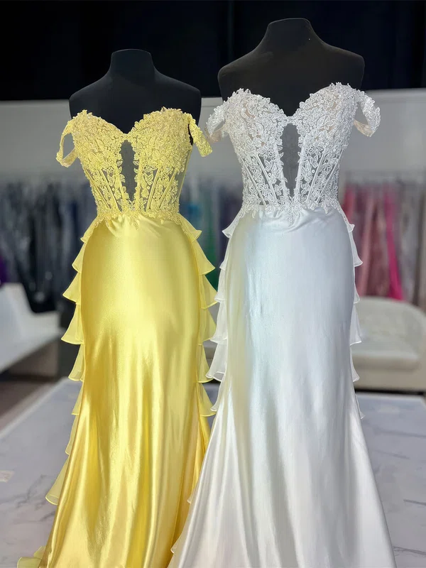 Sheath/Column Off-the-shoulder Satin Ruffle Prom Dresses With Appliques #Milly020127468