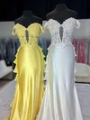 Sheath/Column Off-the-shoulder Satin Ruffle Prom Dresses With Appliques #Milly020127468