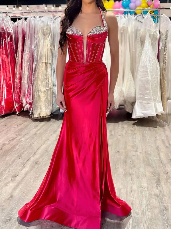 Sheath/Column Halter Satin Prom Dresses With Beading #Milly020127473
