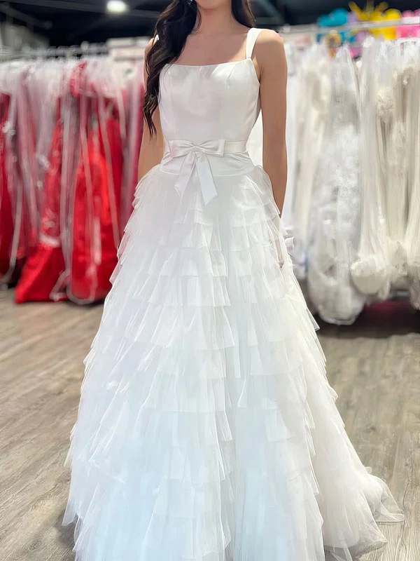 Ball Gown Square Neck Satin Tulle Ruffle Tiered Prom Dresses With Bow #Milly020127474