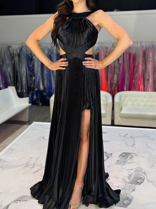 A-line Scoop Neck Satin Cut Out Pleated Prom Dresses #Milly020127476