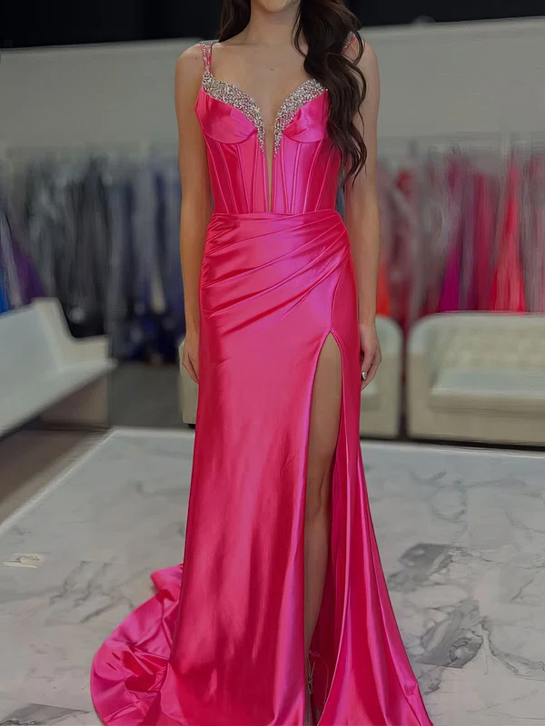 Sheath/Column V-neck Satin Corset Prom Dresses With Beading #Milly020127478