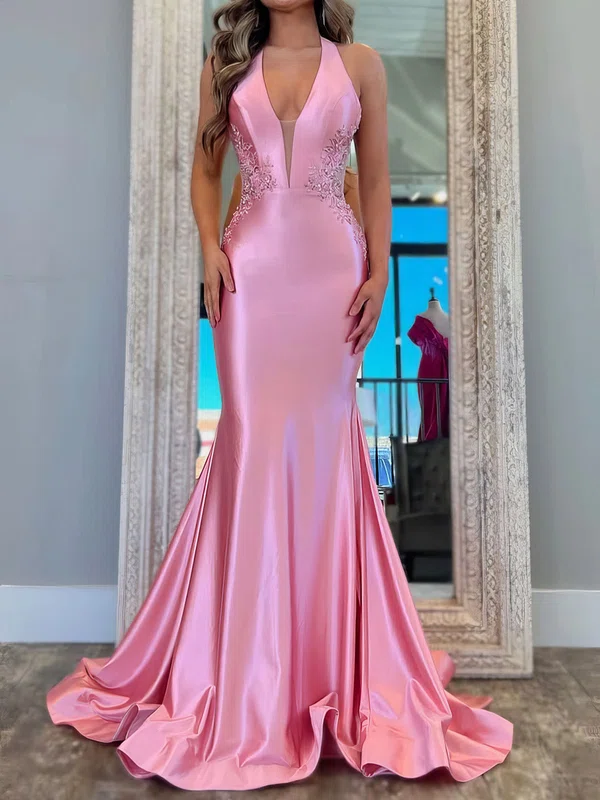 Mermaid Halter Satin Prom Dresses With Appliques #Milly020127484