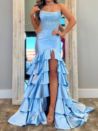 Mermaid Strapless Satin Tiered Prom Dresses With Appliques #Milly020127489