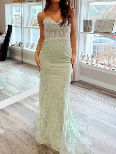 Sheath/Column Strapless Lace Prom Dresses With Appliques #Milly020127495