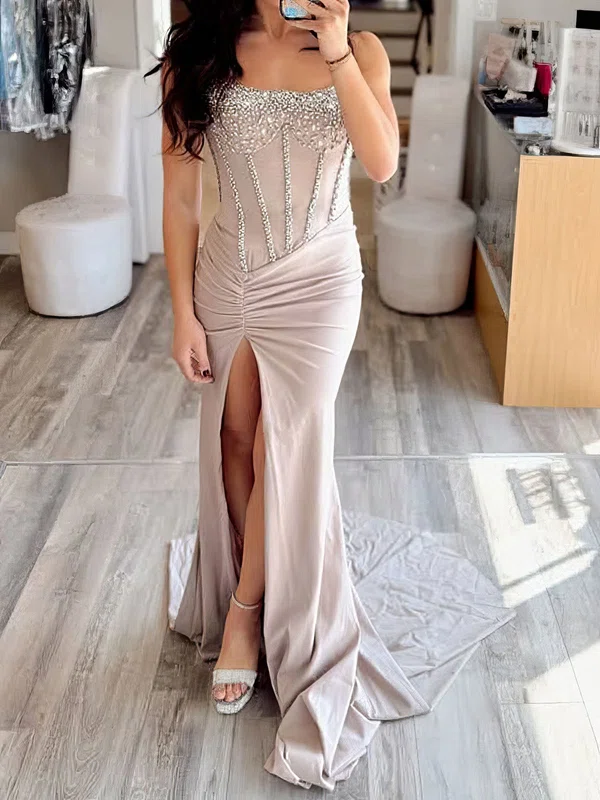 Sheath/Column Strapless Jersey Corset Prom Dresses With Beading #Milly020127497