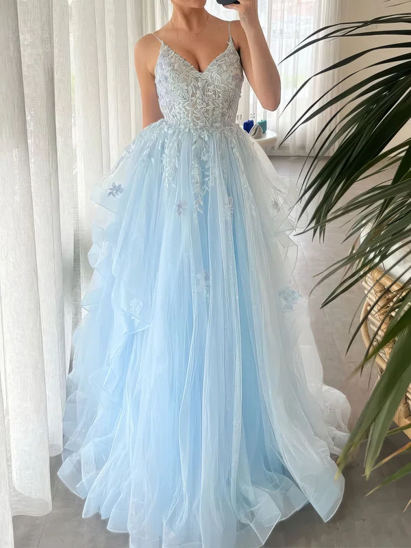 Princess V-neck Tulle Ruffle Prom Dresses With Appliques #Milly020127507