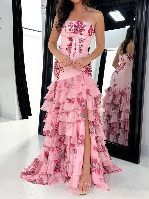 Sheath/Column Straight Satin Chiffon Floral Tiered Prom Dresses #Milly020127514