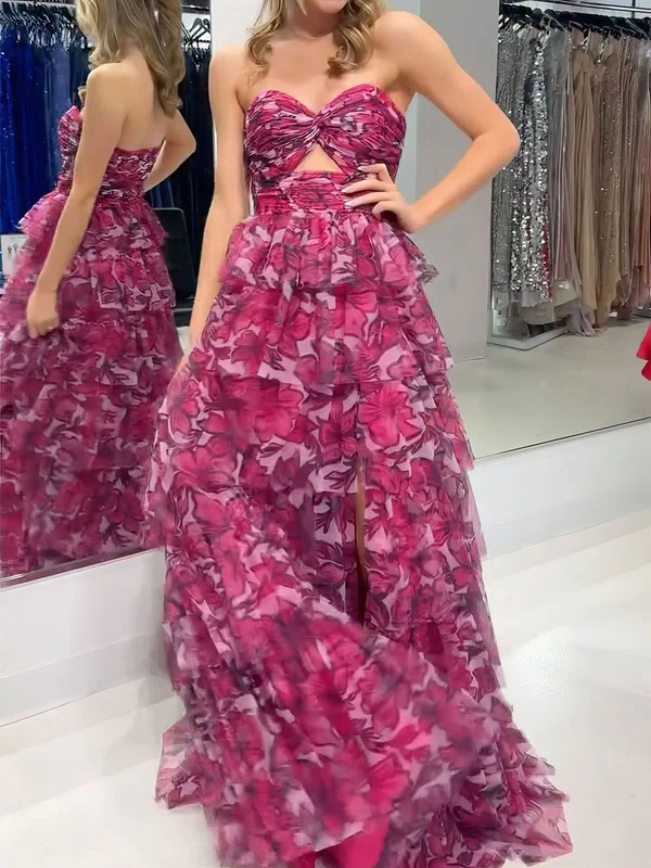 Ball Gown Strapless Tulle Floral Tiered Prom Dresses #Milly020127515