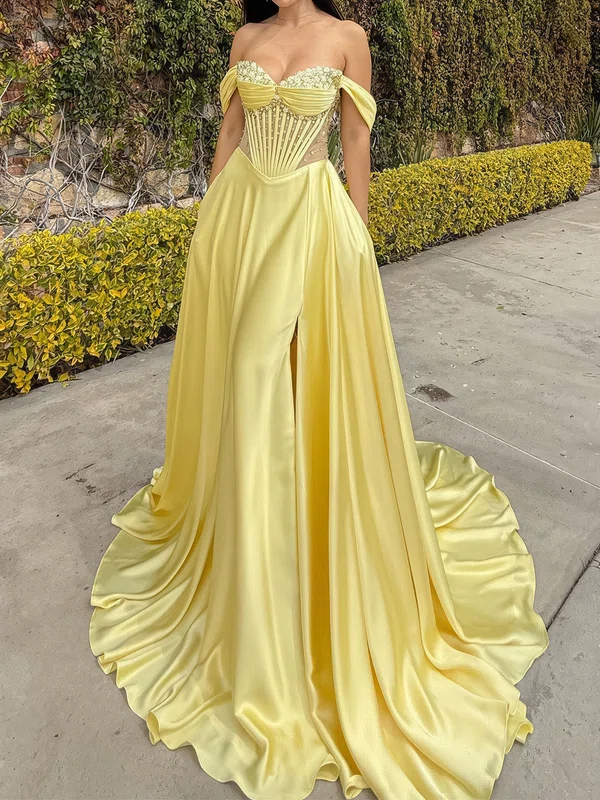 A-line Off-the-shoulder Satin Corset Prom Dresses With Beading #Milly020127517