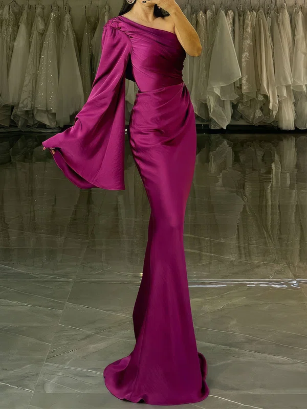 Sheath/Column One Shoulder Satin Long Sleeves Prom Dresses With Ruched #Milly020127526