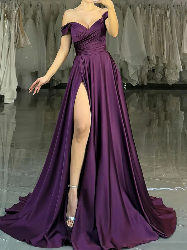 A-line Off-the-shoulder Satin Prom Dresses With Ruched #Milly020127528