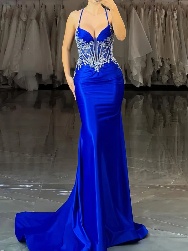 Mermaid V-neck Satin Corset Prom Dresses With Appliques #Milly020127531