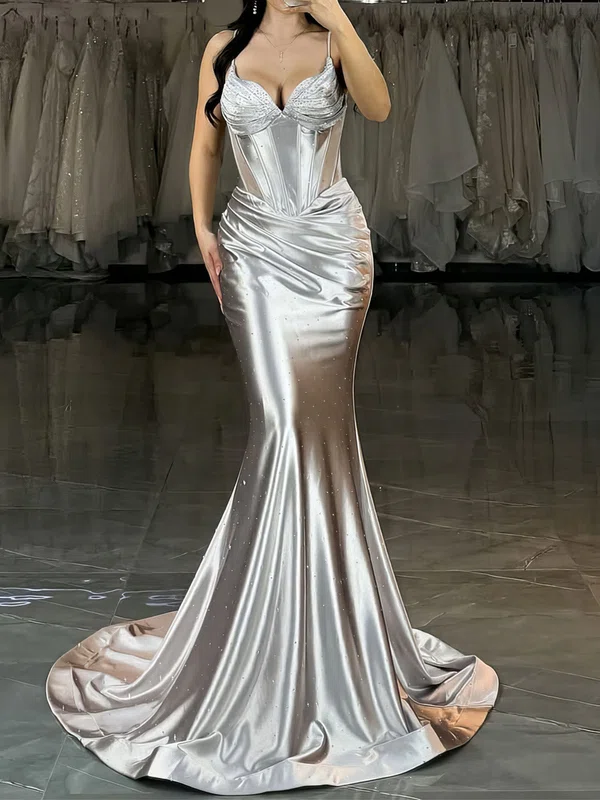 Mermaid V-neck Satin Beaded Prom Dresses With Ruched #Milly020127533