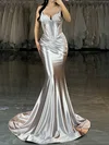 Mermaid V-neck Satin Beaded Prom Dresses With Ruched #Milly020127533