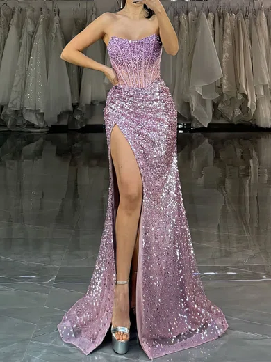 Sheath/Column Strapless Sparkly Sequin Prom Dresses With Beading #Milly020127536