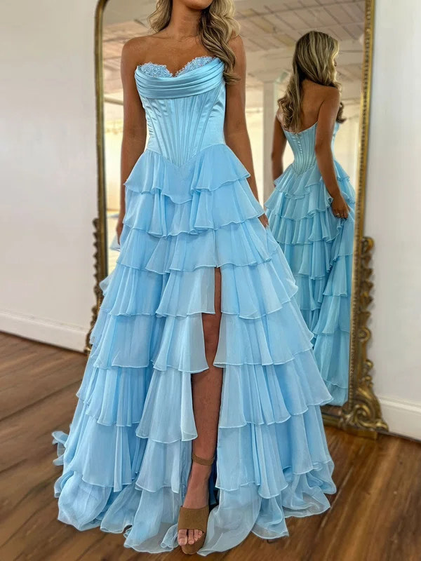 Ball Gown Strapless Satin Chiffon Tiered Prom Dresses With Appliques #Milly020127538