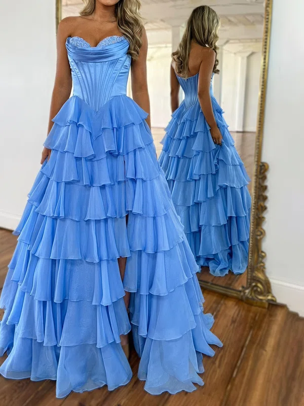 Ball Gown Strapless Satin Chiffon Tiered Prom Dresses With Appliques #Milly020127539