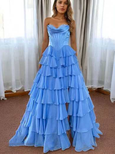 Ball Gown Strapless Satin Chiffon Tiered Prom Dresses With Appliques #Milly020127539
