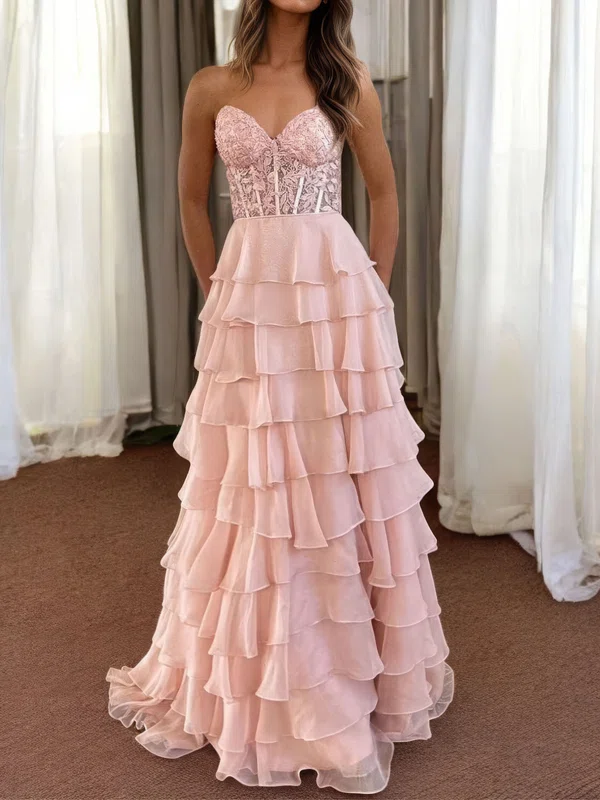 Ball Gown Strapless Chiffon Tiered Prom Dresses With Appliques #Milly020127540