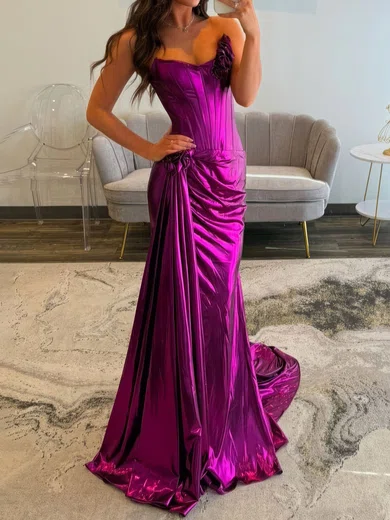 Sheath/Column Strapless Metallic Prom Dresses With Ruched #Milly020127560