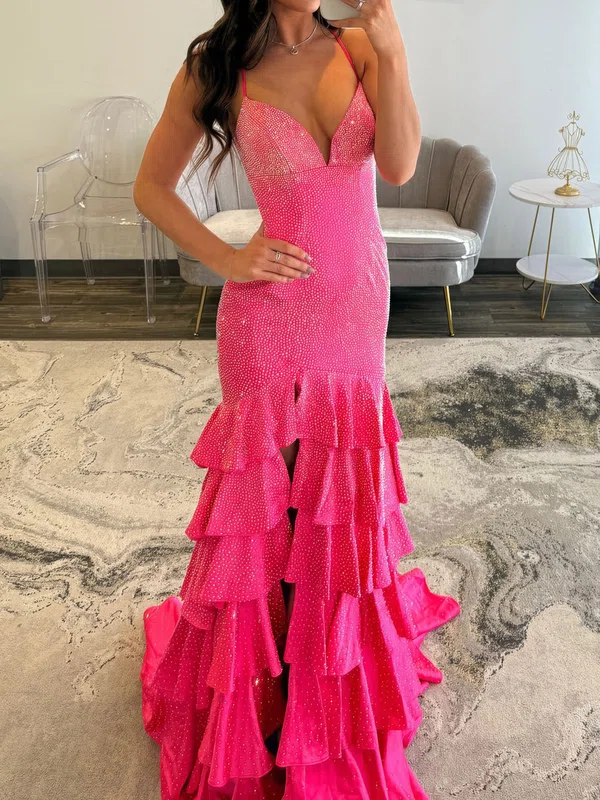 Mermaid V-neck Satin Tiered Prom Dresses With Beading #Milly020127564