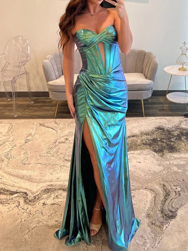Sheath/Column Strapless Metallic Prom Dresses With Ruched #Milly020127569