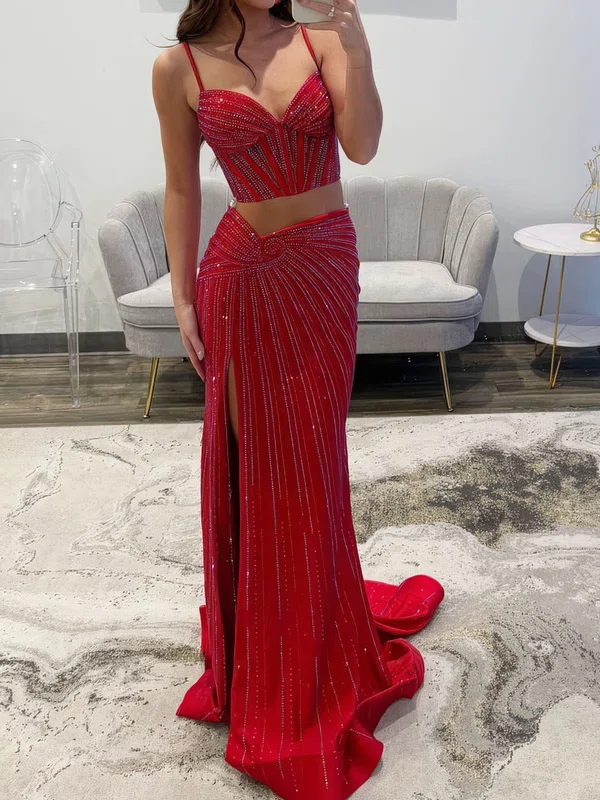 Sheath/Column V-neck Jersey Two Piece Prom Dresses With Beading #Milly020127572
