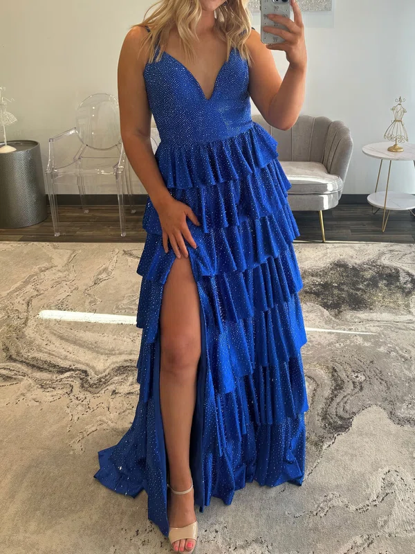 A-line V-neck Satin Tiered Prom Dresses With Beading #Milly020127579
