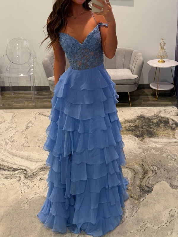 Ball Gown V-neck Chiffon Tiered Prom Dresses With Appliques #Milly020127586