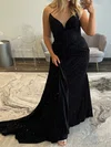 Sheath/Column V-neck Velvet Beaded Prom Dresses With Ruched #Milly020127588