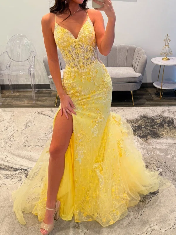 Mermaid V-neck Tulle Corset Prom Dresses With Appliques #Milly020127597