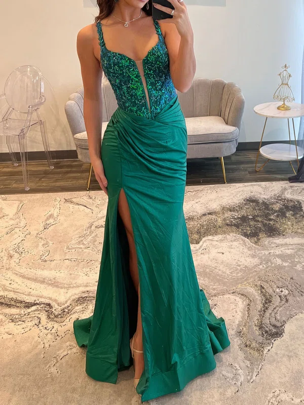 Sheath/Column V-neck Satin Cut Out Prom Dresses With Appliques #Milly020127598