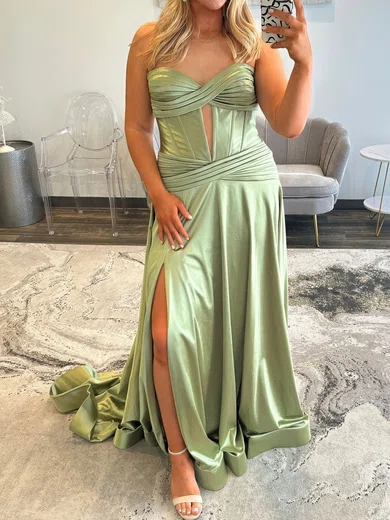 A-line Strapless Satin Corset Prom Dresses With Ruched #Milly020127607