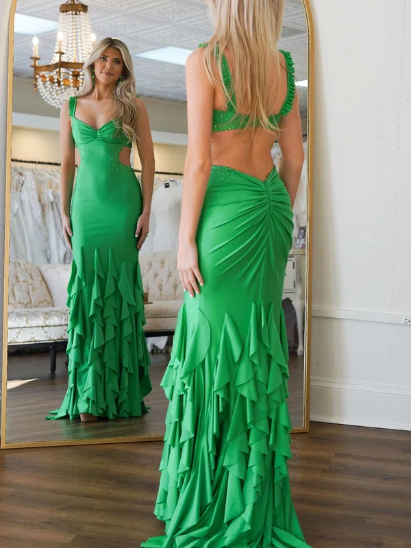 Mermaid V-neck Satin Cut Out Ruffle Tiered Prom Dresses With Beading #Milly020127627