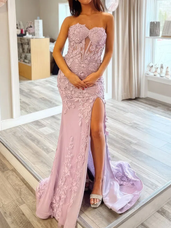 Sheath/Column Strapless Tulle Prom Dresses With Appliques #Milly020127633