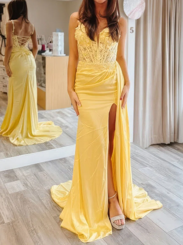 Sheath/Column V-neck Satin Corset Prom Dresses With Appliques #Milly020127635