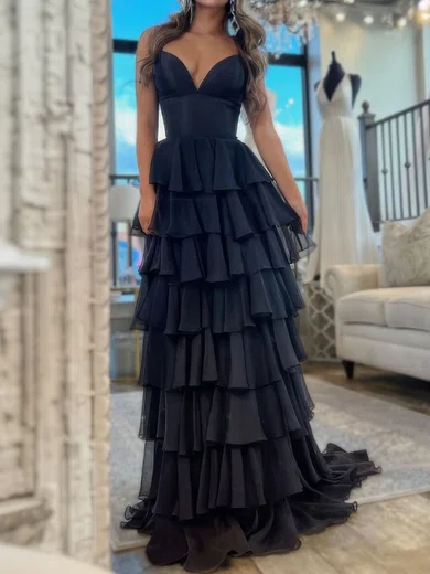 Ball Gown V-neck Chiffon Ruffle Tiered Prom Dresses #Milly020127650