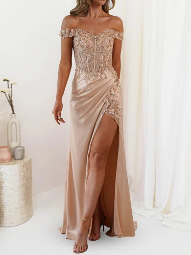 Sheath/Column Off-the-shoulder Satin Prom Dresses With Appliques #Milly020127664