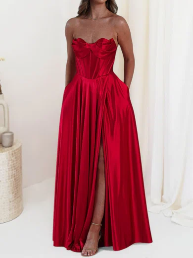 A-line Satin Floor-length Strapless Prom Dresses With Ruched #Milly020127674
