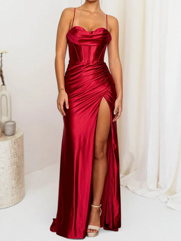 Sheath/Column Sweetheart Satin Corset Prom Dresses With Ruched #Milly020127696