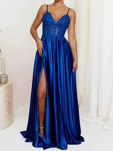 A-line V-neck Satin Prom Dresses With Appliques #Milly020127699