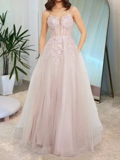 Ball Gown V-neck Tulle Prom Dresses With Appliques #Milly020127704